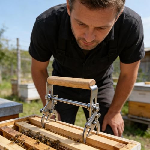 Hive Frame Gripper, Ergonomic Wooden Handle, 12.2x12cm, Stainless Steel Anti-Slip Frame Grip, Honey Harvesting Lifter, Secure Hold Design Easy Use, for Hive Removal and Maintenance