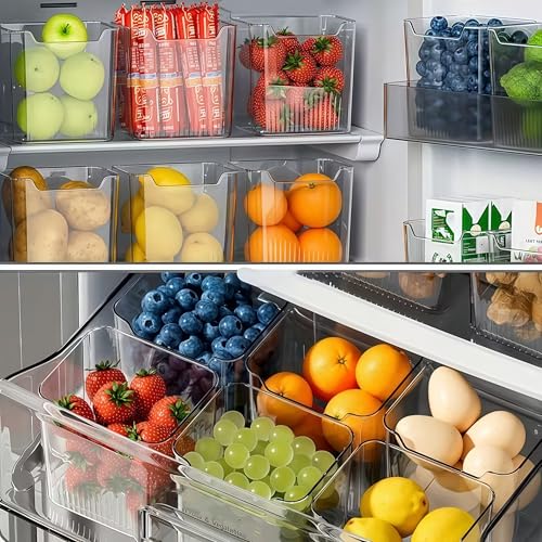 8PCS Refrigerator Storage Bins Clear Plastic Stackable Organizer for Side Door Shelves, Fruits Vegetables Eggs, Kitchen Organization, Transparent