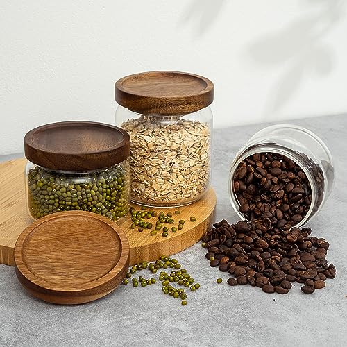 2PCS Small Glass Storage Jars with Airtight Lids, 11 fl oz (300ml) coffee container with Wooden Lid, Glass Pantry Canister for Beans, Rice, Sugar and etc - color: clear -(2PCS,11FL OZ/300ML)
