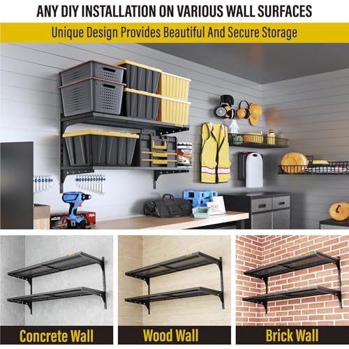 Aecxm 1pack×2 Tier 1.3x4ft Garage Shelving Wall Mounted, 260lbs Load Capacity,15.6x48inch per Shelf Height Cassette Adjustable Floating Shelves, Black - color: Black, size: 2pack-1.3x4ft