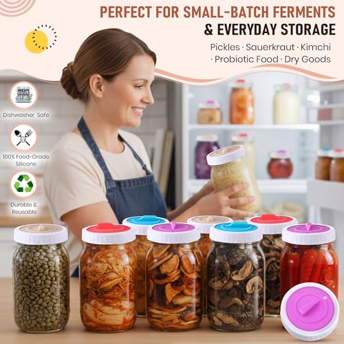 4PCS Mason Jar Fermentation Lids with 4PCS Plastic Mason Jar Rings | 4 colors, 1–31 date dial with a rotatable arrow handle, Air release, Value combo