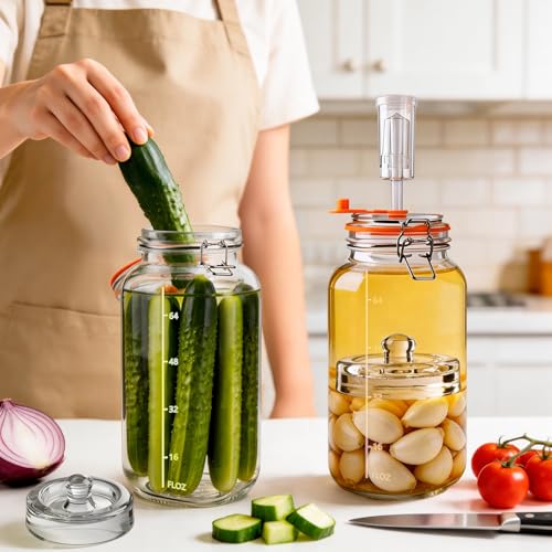 2 Pack 64oz/2L Glass Fermenting Jars with Airlocks & Weights – 3.3" Wide Mouth Sauerkraut Jar Set for Pickles, Kombucha, Kimchi – Complete Home Fermentation Kit for Beginners