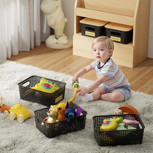 8 Pcs Plastic Storage Bins with Bamboo Lids and Labels 5.29qt Stackable Box Basket Pantry Decorative Containers, Small Storage Baskets for Desktop Organizing Shelves Bedrooms Cabinets 10*7.2*4.1" - style: Black-Bamboo Lid