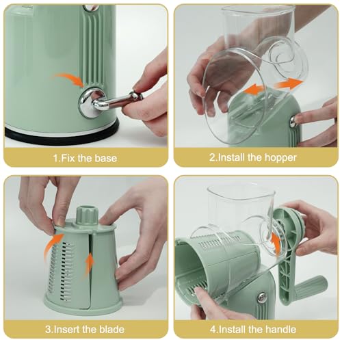 5 in 1 Cheese Grater with Rotary Hand Crank - Vegetable Chopper with Replaceable Stainless Blades, Strong Suction Base, Handle, Blade Storage Box, Easy-Clean Multipurpose Kitchen Slicer (Green) - color: Green