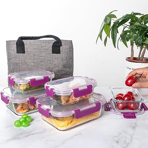 C CREST 10 Pack Meal Prep Glass Containers with Locking Lids - 5x 32oz + 5x 12oz - Ideal for Food Storage - color: PLUM