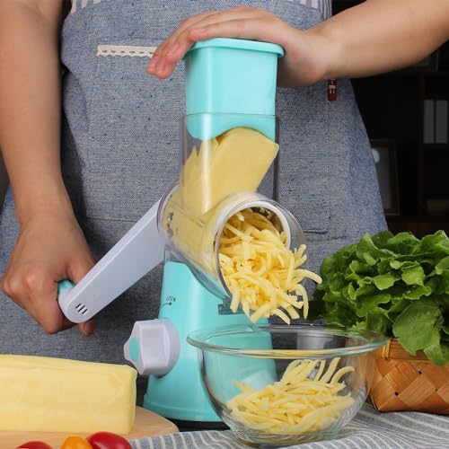 Cambom Rotary Cheese Grater Hand Crank Cheese Shredder for Fresh Cheese, Vegetable, Nuts,Non-slip Suction Base,Three Blades,Blue - color: Blue, size: 3 BLADES