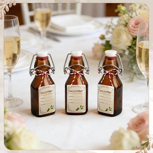 14 Pcs 4 oz Amber Swing Top Brown Square Glass Bottles with Caps Sticker and Cotton Twines Flip Top Glass Bottle for Home Tea Vanilla Extract Beer Brew Oil Supply