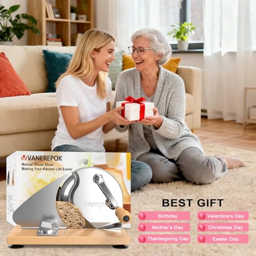 vanerepok Manual Bread Slicer Adjustable Thickness for Homemade Sourdough | Hand Crank Bread Cutter with Scale & Stable Suction Cups & Wood Base for Even Slicing Perfect Baking Gift for Home Bakers - color: Silvery-white