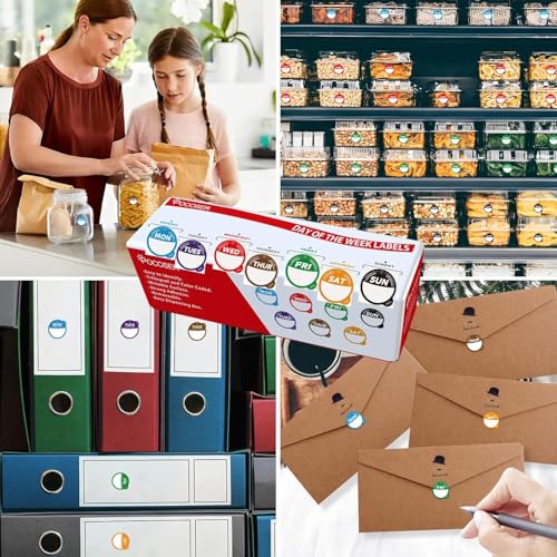Label Stickers for Food Containers with Dispenser Box, Removable Day Dot Food Labels Peel Tab 7 Day of The Week for Home Freezer Restaurant Supplies Week Monthly Planners Meal Prep Accessory