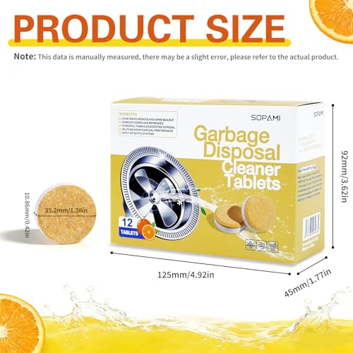 SOPAMI Garbage Disposal Cleaner Deodorizer Tablets 12 Pack 1 Year Supply | Powerful XL Foaming Sink Garburator Disposer Freshener, Natural Kitchen Drain Cleaning Care with Fresh Citrus Scent - size: 12 Count (Pack of 1)