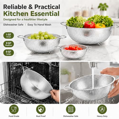 TeamFar Colander Set of 3, Stainless Steel Perforated Metal Colander Strainer with Handles for Spaghetti, Pasta, Berry, Rust Free & Dishwasher Safe - 1/3/5-quart - size: 1 + 3 + 5qt