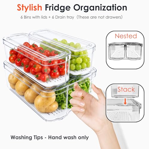 SMRCAD 6 Pack Clear Fridge Organizer Bins with Drain Trays - Stackable | BPA-Free PET, 6 Pack: 6 lidded Bins (Not drawer), Helps Keep Produce Fresh, 14L Capacity, Hand Wash Only - size: 6 Bins (No Pull-out Drawer)