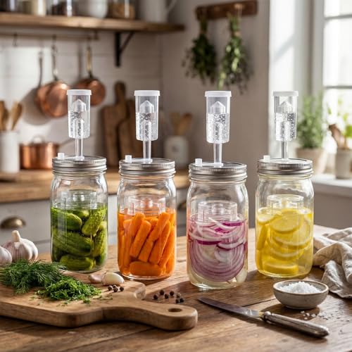 Leinuosen 32 oz 4 Sets Fermentation Kit for Wide Mouth Mason Include Fermentation Glass Jars and Lids, Fermenting Weights, Airlocks, Silicon Rings Accessory for Complete Making and Storing Sauerkraut