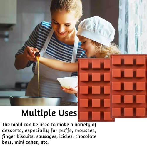 Square Silicone Mold, Cube Mousse Cake French Dessert Baking Molds, 2 Pack 15 Cavity Lollipop Silicone Molds for Soap, Candy Chocolate Cubes, Ice cream,Truffle,Brownie