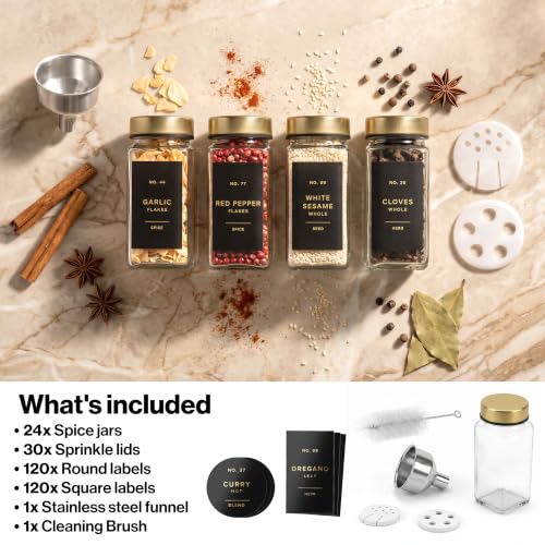 EDELHAUS Glass Spice Jars with Label, 24x Gold Stainless Steel Lids | Airtight Lids keep spices fresh, Kitchen Spice Drawer Organizer, 4oz Seasoning Containers incl. Funnel, Brush & 240 Labels - color: Gold Steel Lid