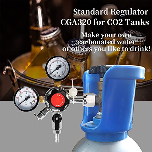 Beer Keg CO2 Regulator CGA320 -Brand LUCKEG Kegerator Regulator with Safety Pressure Relief Valve, Include 5ft Red Gas Line and Worm Clamps for Home Brewing Keg Kegging