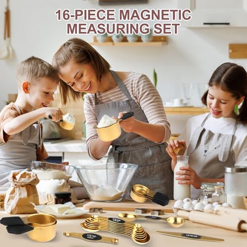 16-Piece Stainless Steel Measuring Cups and Spoons Set, Strong Magnetic Nesting Design 7 Cups 8 Spoons with Leveler, Double Measurement Markings for Dry & Liquid Ingredients, Gold - color: 16-Piece Gold