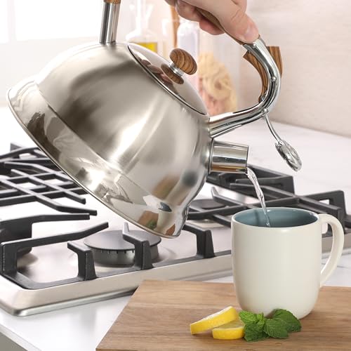 Mr. Coffee Woodmont 2-Quart Stainless Steel Tea Kettle With Wood Handle, Stovetop Whistling Kettle, Durable Fast-Boil Tea Pot - color: Brushed Stainless Steel w/ Wood Handle, size: 2.1 Quarts