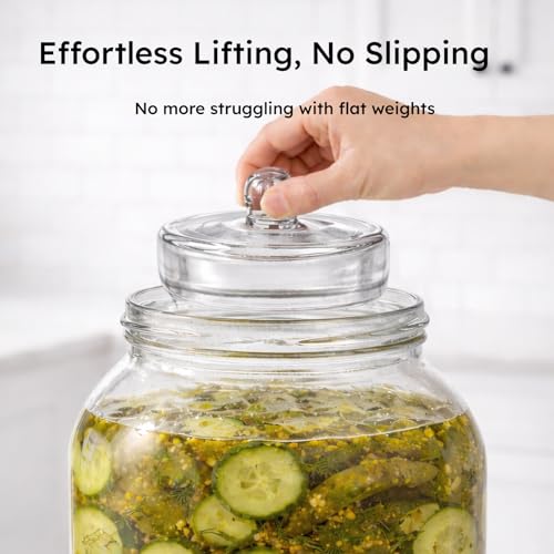 Glass Fermentation Weights Compatible with Weck Jars, Gallon Jars, 3.43" Pickle Weights with Easy-Lift Handle, Heavy 11-13 oz Glass Weights to Keep Food Below, Set of 2