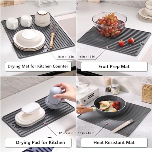 Silicone Dish Drying Mat, 16 x 18-inch Large Drying Mat for Kitchen Counter | Thicker Silicone Dish Drainer Pad for Countertop, Sink, Refrigerator or Drawer liner | Soft & Heat Resistant - size: 18" x 16"