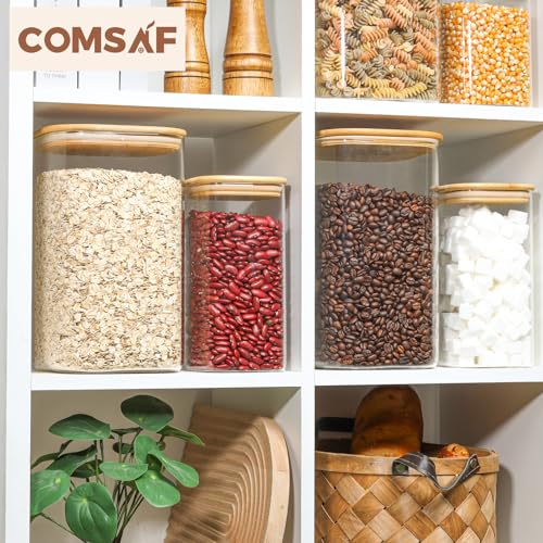 ComSaf 4.6Qt Glass Food Storage Containers, 1.2 Gallon Glass Flour and Sugar Containers with Airtight Lids, Large Square Jars with Bamboo Lids for Rice, Pasta, Oats, Grains, Cookies, Coffee Beans - color: 4.6Qt-Square