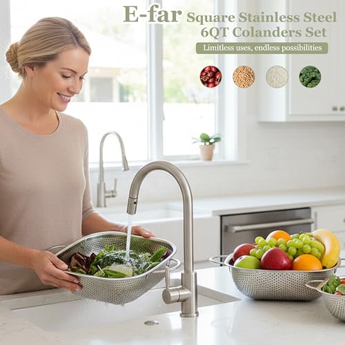 E-far 6QT Stainless Steel Colander with Handle - Square Metal Kitchen Strainer for Pasta & Vegetable Draining, Micro-Perforated & Elevated Feet, Dishwasher Safe - size: 6QT