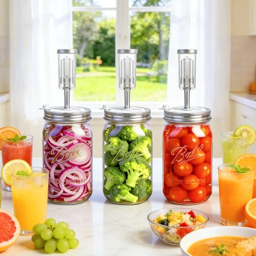 Fermentation Lids for Wide Mouth Mason Jars, 6 Set Fermentation Kit with Date Tracker, Stainless Steel Fermenting Lids with Airlocks, Silicone Rings & Grommets (Jars Not Included)