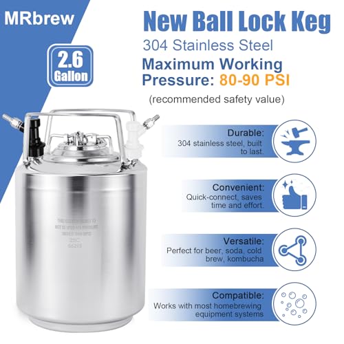 MRbrew New 2.6 Gallon Ball Lock Keg, Stainless Steel Beer Keg with Two Ball Lock Keg Fittings & Gasket Set, Double Ball Lock Post Corny Keg For Draft, Homebrew, Craft Beer, Cold Brew Keg for Party