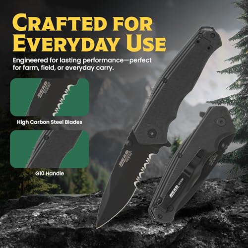 BEAR & SON - Manual Drop Point Folding Knife - 2 7/8" 440 Stainless Steel Blade with G10 Handle & Ball Bearing Washers - Men'sTactical EDC Pocket Knife - Sharp Utility Hunting Camping Gear - Serrated