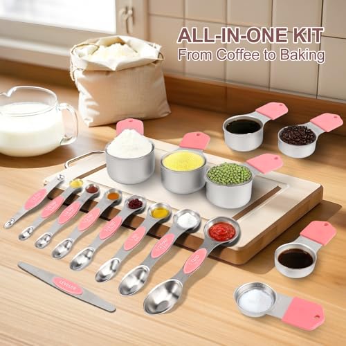 16-Piece Stainless Steel Measuring Cups and Spoons Set, Strong Magnetic Nesting Design 7 Cups 8 Spoons with Leveler, Double Measurement Markings for Dry & Liquid Ingredients, Pink - color: 16-Piece Pink