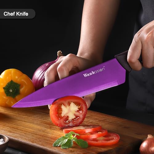 Wanbasion Purple Stainless Steel Knife Set, Sharp Kitchen Knife Set Professional, Kitchen Knife Set Dishwasher Safe with Covers for Cooking - color: Purple