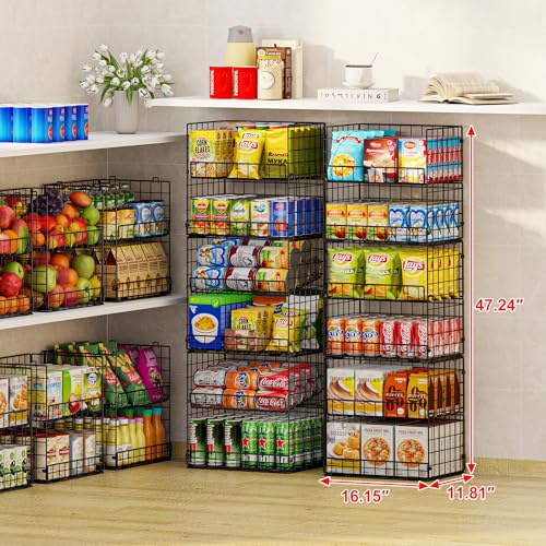 JKsmart 6-Tier Stackable Wire Basket, Can Organizer for Pantry Kitchen, XXL Metal Storage Shelves with Dividers & Handles, Easy Assembly Space Saving Storage Bins for Snacks Fruits Veggies - size: 6 Tier XXL