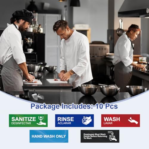 Magicfour Wash Rinse Sanitize Sink Labels, 10 Pack 3 Compartment Sink Waterproof Sticker Signs for Wash Station, Commercial Kitchens, Restaurant, Food Trucks, Busing Stations, Dishwashing - size: 10Pcs Sink Labels 9”x3“