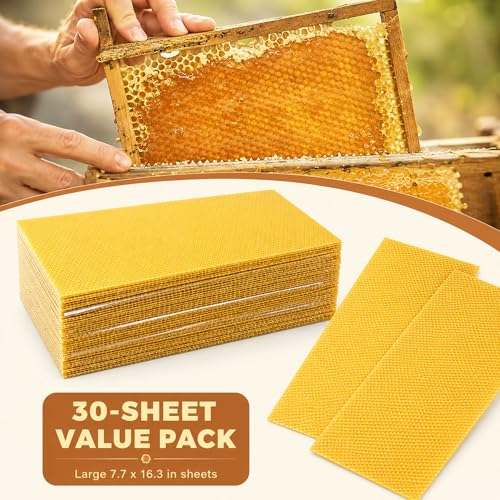 QalryXen 30Pcs Beeswax Sheets, Premium Natural Foundation for Beekeeping & Candle Making, Easy to Use Beehive Wax Sheets for Honeycomb Frames, DIY Craft Supplies, 7.7x16.3 Inch