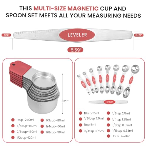 Magnetic Measuring Cups and Spoons Set-Heavy Duty 304 Stainless Steel,Double Measurement Markings,Set of 16 with Leveler for Measure Dry and Liquid Ingredients (Red) - color: Red