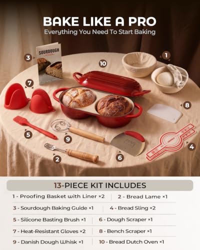 Sourdough Bread Baking Kit with Double Loaf Cast Iron Bread Pan, Red | Bakes two mini loaves at once with banneton proofing baskets included - color: Red, size: Double Bread Oven & Baking Kit