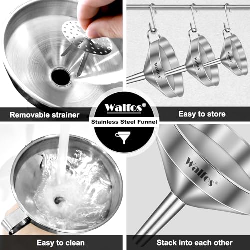 Stainless Steel Funnel, Walfos 3 Pack Kitchen Funnel with 2 Removable Strainer & 1Pcs Cleaning Brush, Perfect for Transferring of Liquid, Oils, Jam, Dry Ingredients & Powder - color: 3pcs funnel 5.7+4.9+4.1 inch