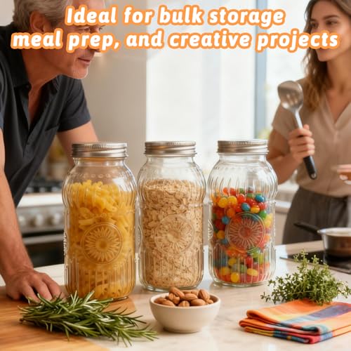 64oz Glass Wide Mouth Mason Jars, 3 Pack with Sunflower Pattern | Large Half Gallon Mason Jars with Airtight Lids & Bands for Pantry, Canning, Fermenting & Pickling or Storing - color: Clear-64oz-3pcs-01