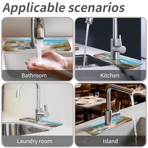 Kitchen Sink Splash Guard,Beach-scene Faucet Mat Sink Gadgets-Super Absorbent Fast Drying Mat Drip Catcher for Kitchen, Bathroom,Sink Mat, Dish Drying Mat, Bathroom(15" X 5.5" ) - color: Beach-scene