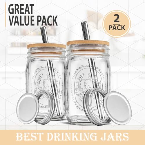 MEM WORLDSHOP Wide Mouth Mason Jars 32 oz - (2 Pack) - Wide Mouth 32-Ounces Quart Mason Jars with Reusable M.E.M Bamboo Lids & Stainless Steel Straws - For Smoothies, Milk Shakes, Iced Coffee, Tea