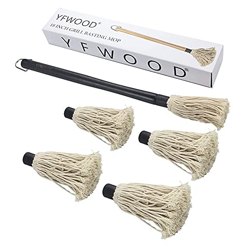 YFWOOD 18 Inch Grill Basting Brush BBQ Mop Sauce Brush Wooden Long Handle | Sauce Mop with 4 Extra Replacement Heads for Grilling Smoking Barbecue Steak (Black) - color: Black Color Handle