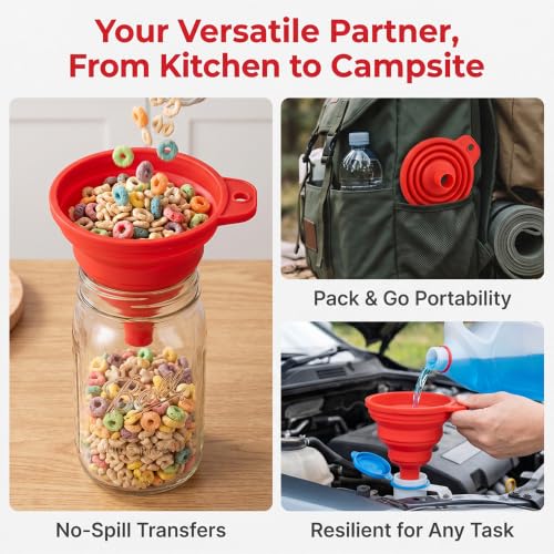 Kitchen Funnel 3 Pack - Food Grade Silicone Collapsible Funnel, Funnels for Kitchen Use Filling Bottles, Daily Cooking, and Water or Powder Transfer. Red - color: 3PCS-Red