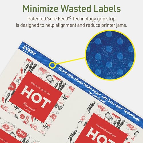 Avery Dissolvable Square Labels, Sure Feed Technology, 3" x 3", Matte White, Print-to-The-Edge, Laser/Inkjet Printable, 150 Labels Total - style: 150 labels