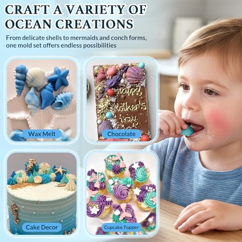 HKNMTT Marine Themed Silicone Mold for Polymer Clay Fondant, Seashell Mermaid Tail Starfish Ocean Seahorse Air Dry Clay Craft Cake Decor Wax Melt Chocolate Candy Mould DIY Cupcake Toppers BPA Free - style: Ocean - 4PCS