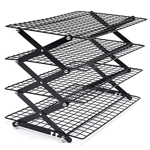 4-Tier Collapsible Cooling Rack, Adjustable Stackable Roasting Cooking Drying Wire, Barbecue Storage Display Shelf for Cookies Baking Picnic Party