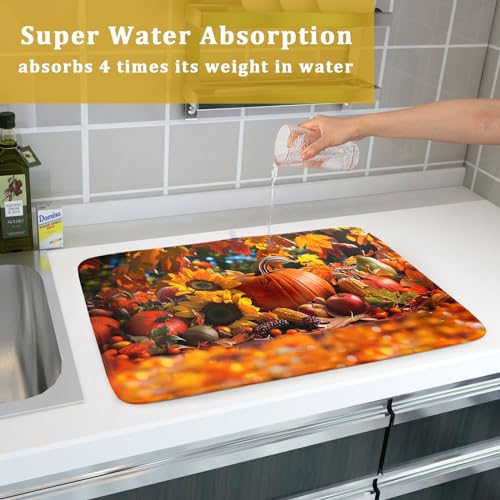 Fall Harvest Pumpkin Dish Drying Mat for Kitchen Counter,Thanksgiving Maple Leaves Sunflower Drying Mat 18 x 24 Inch with Absorbent Reversible Microfiber Dish Drying Pad for Coffee Bar - size: 18" x 24"