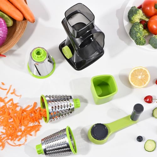 Rotary Cheese Grater with Handle Kitchen Shredder Slicer Grater Slicer Ice Shaver Cheese Vegetable Nuts Potato Zucchini Chocolate 3 Interchangeable Blades (Green TSP) - color: Green TSP