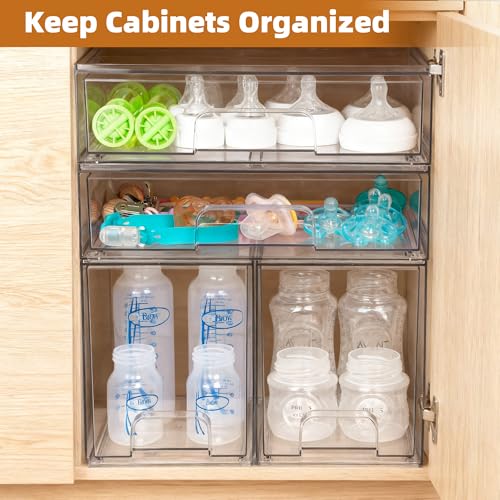 Baby Bottle Organizer, 4 Pack Stackable Storage Drawers with Labels, Clear Station Organizers Container for Pacifiers, Pump Parts, Desk Organizer Bins for Bathroom, Cabinet, Pantry, Vanity, Countertop - style: 2 High+2 Wide