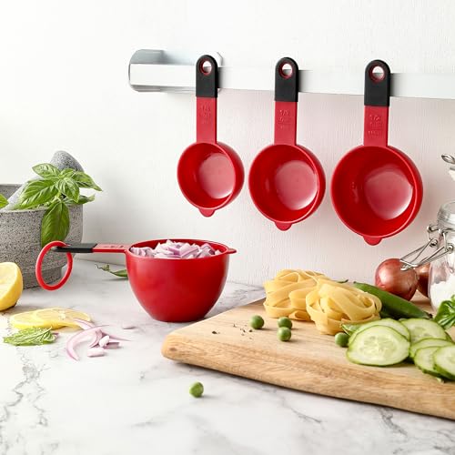 Spring Chef Red Magnetic Measuring Cups and Spoons Set of 9, Stackable Plastic Kitchen Gadget with Easy to Read Markings - Measure Dry or Liquid Ingredients for Baking & Cooking, BPA Free - color: Red