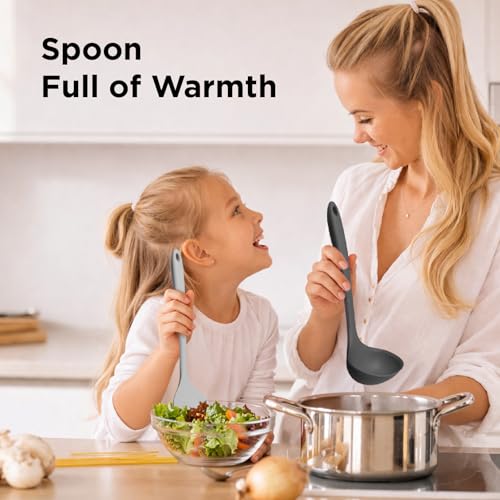 Kitchen Mama DuoEssentials Ladle & Cooking Spoon Set, Metal Gray | Silicone, Heat Resistant, One-Piece Design, For Nonstick Cookware, For Soup, Stirring, Serving & Sauteing - color: Metal Gray